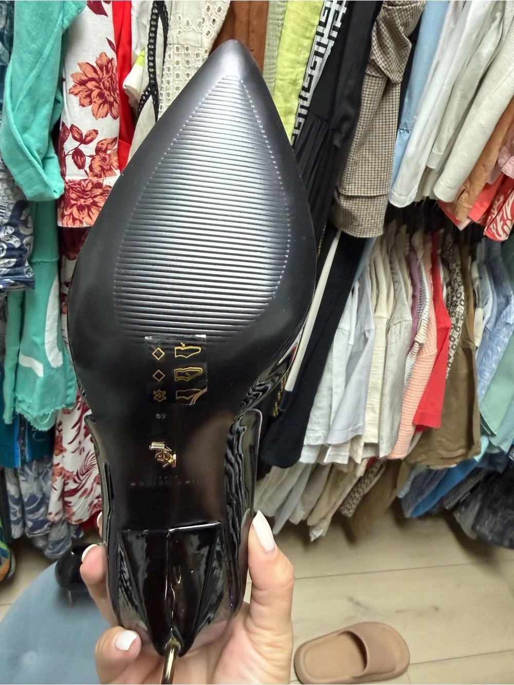 Kurt Geiger Black Patent Pointed-Toe Stiletto with Gold Heel - Picture 3 of 3